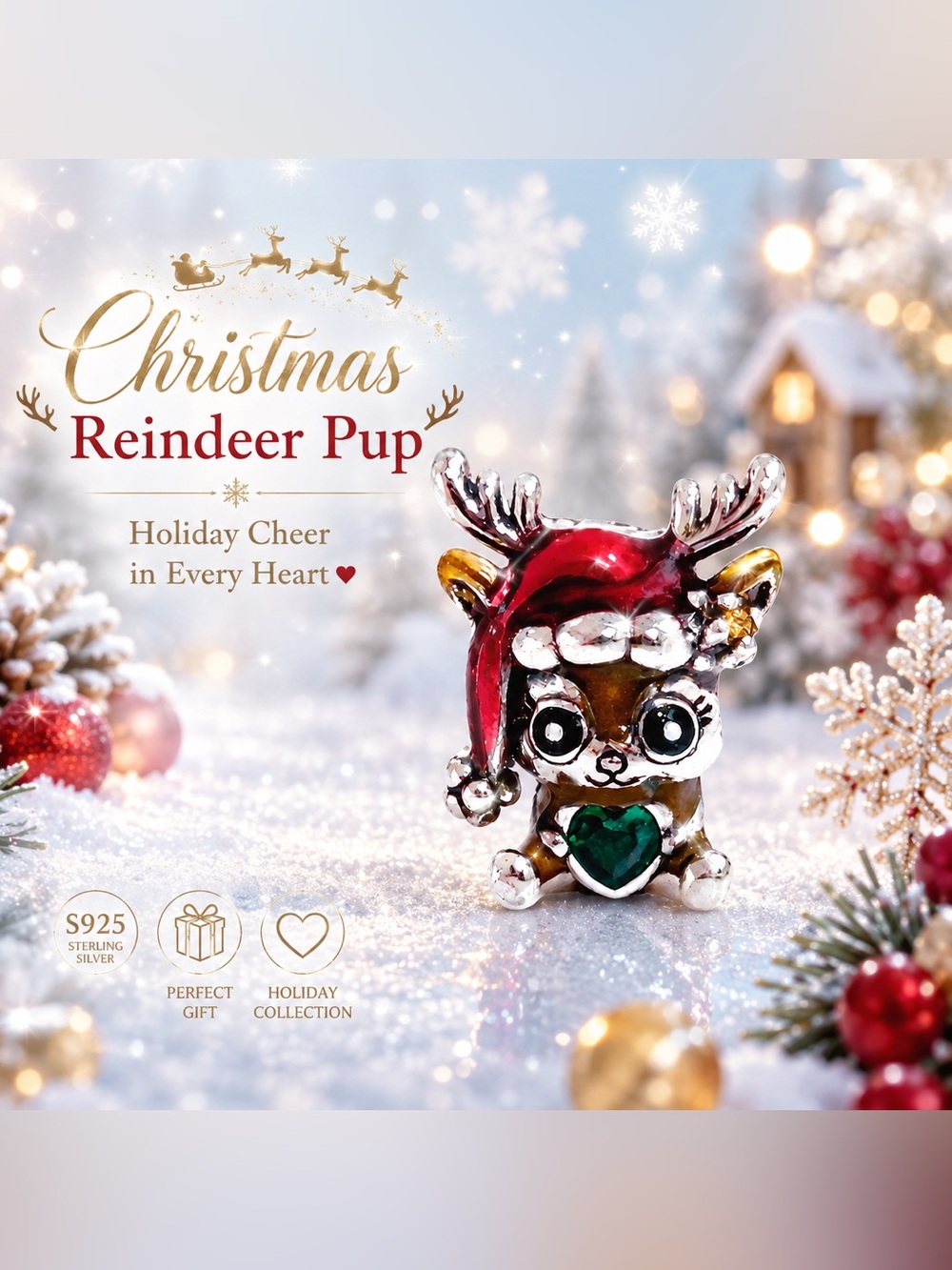 Sterling Silver S925 Christmas Reindeer Pup with Heart Charm on card